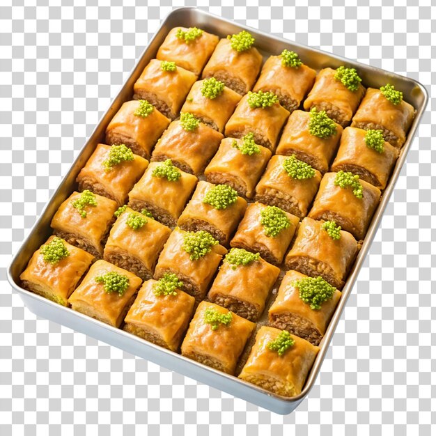 PSD tray of sweet and sticky baklava isolated on transparent background