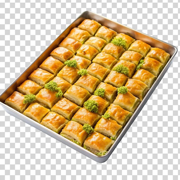 Un vassoio di baklava dolce e appiccicoso isolato su uno sfondo trasparente