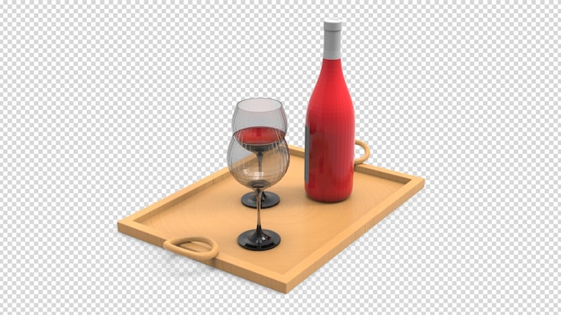 A tray with a bottle of wine and a glass of wine.