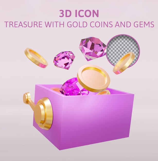 PSD treasure with gold coins and gems 3d rendering illustration
