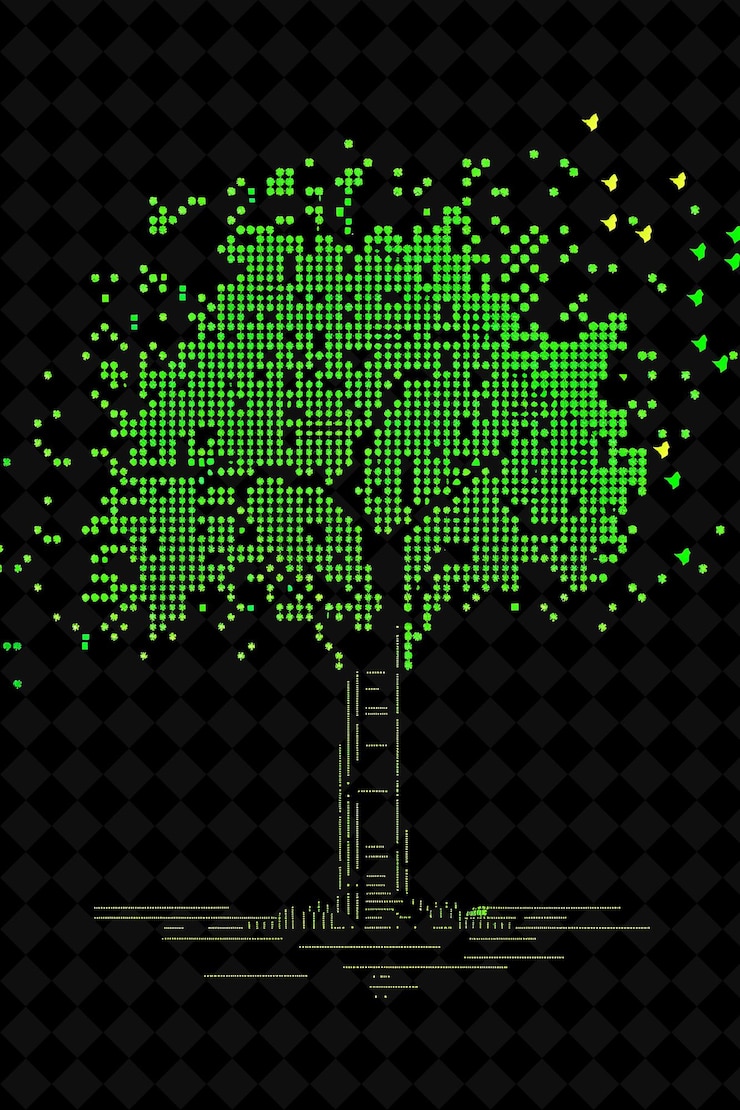 PSD tree on a black background with green dots and a black background