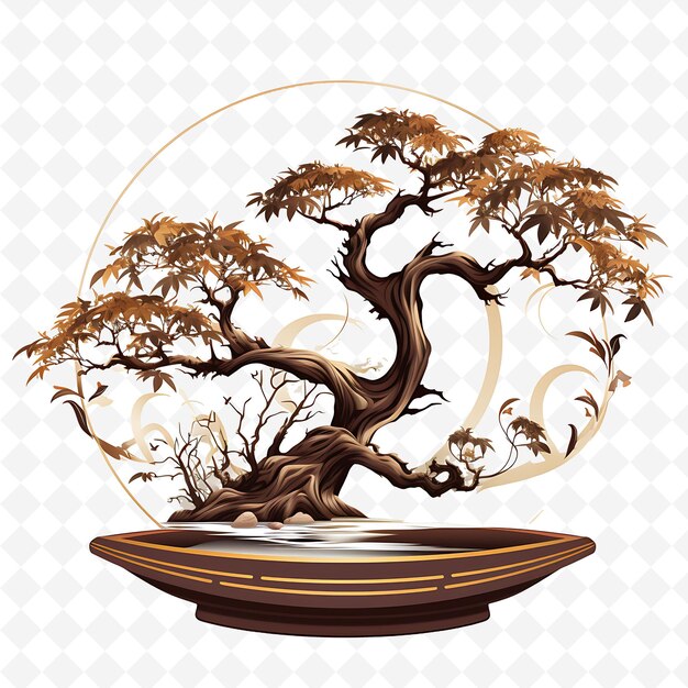 A tree in a bowl with a gold design on it