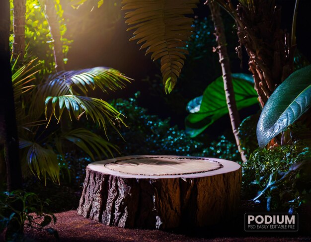 Mockup del podio della rugiada dell'albero posizionato nella vista notturna della foresta profonda al chiaro di luna che splende sopra le foglie della giungla