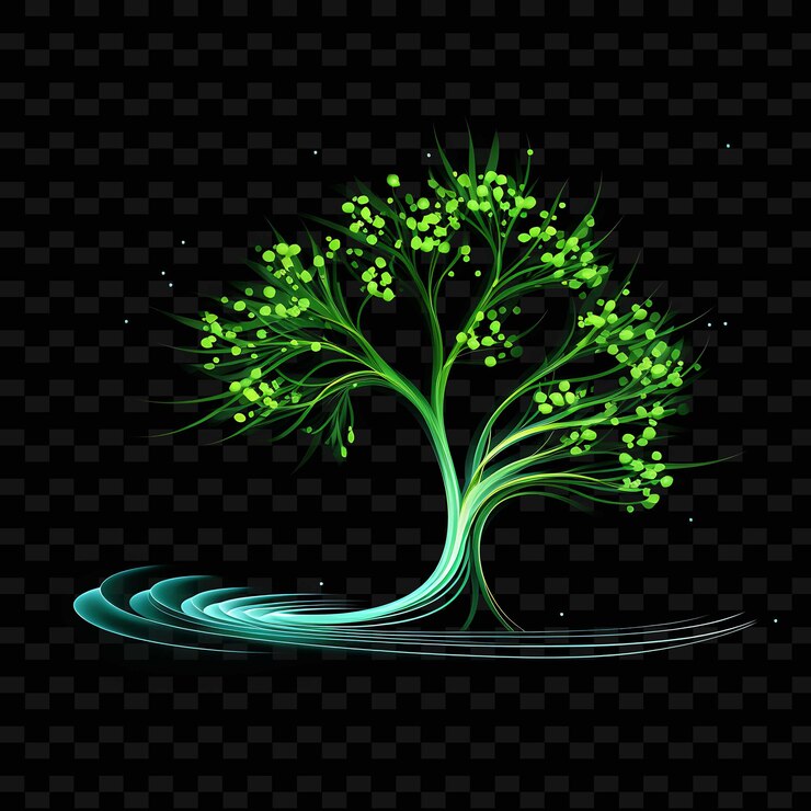 PSD tree earthy green flowing neon lines leaf decorations swoosh shape y2k neon light art collections
