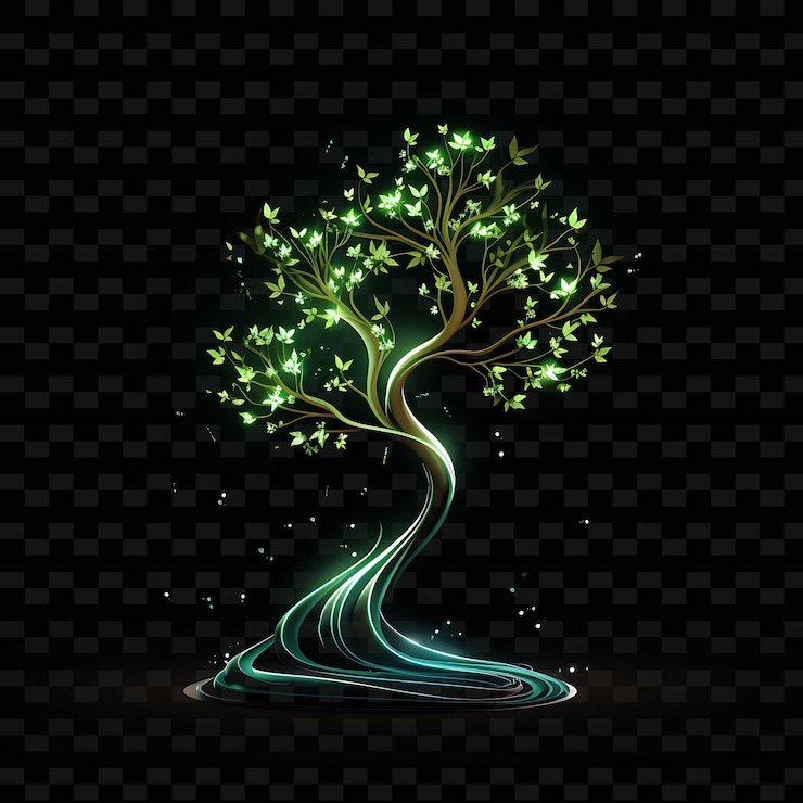 PSD tree earthy green flowing neon lines leaf decorations swoosh shape y2k neon light art collections