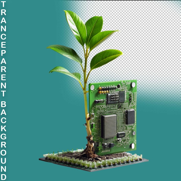 PSD tree growing on the converging point of computer circuit board on transparent background