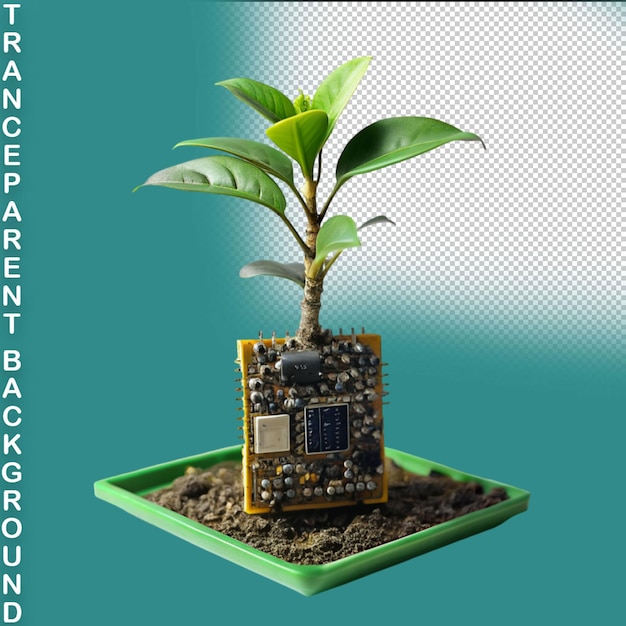 PSD tree growing on the converging point of computer circuit board on transparent background