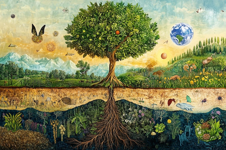 PSD tree of life depicting earths ecosystem above and below ground with animals plants and celestial elements