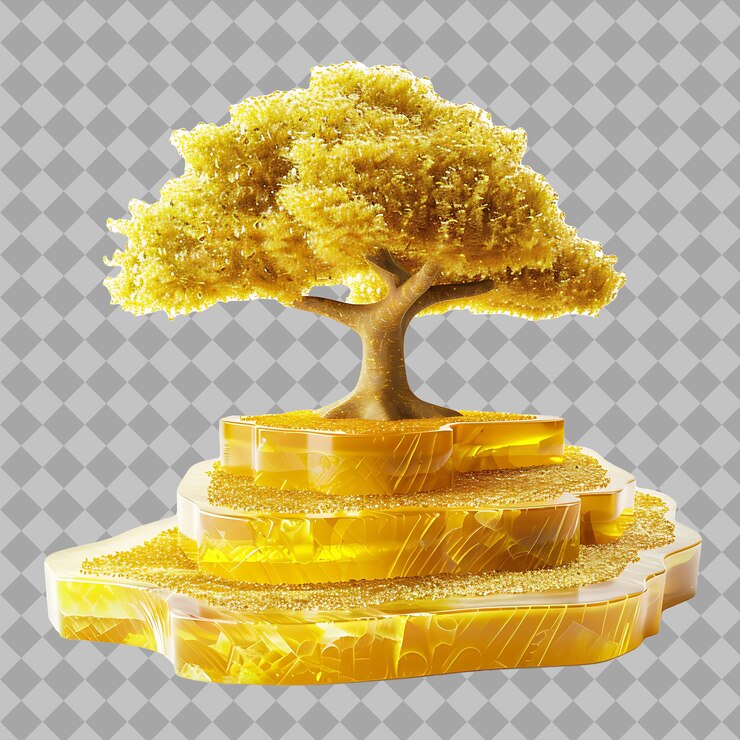 PSD tree of life product stand made of yellow citrine with a vibrant an png object on clean background