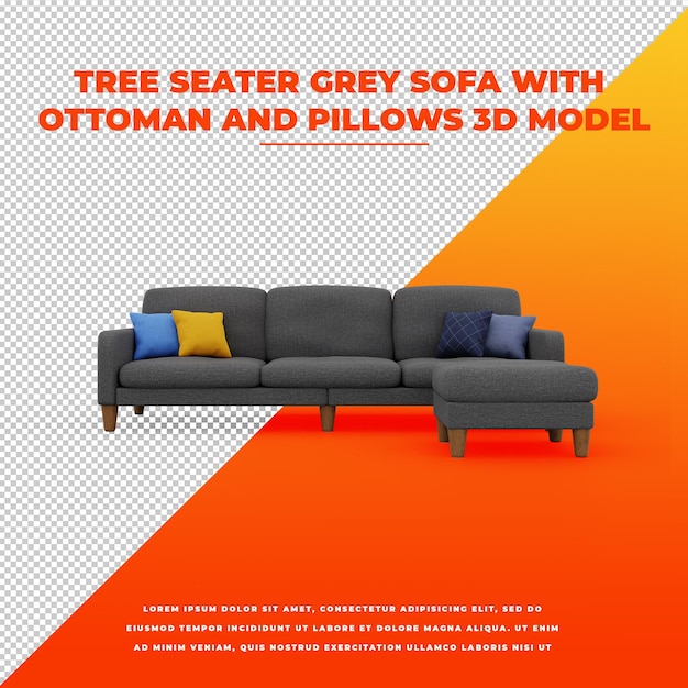 Tree seater grey sofa with ottoman and pillows