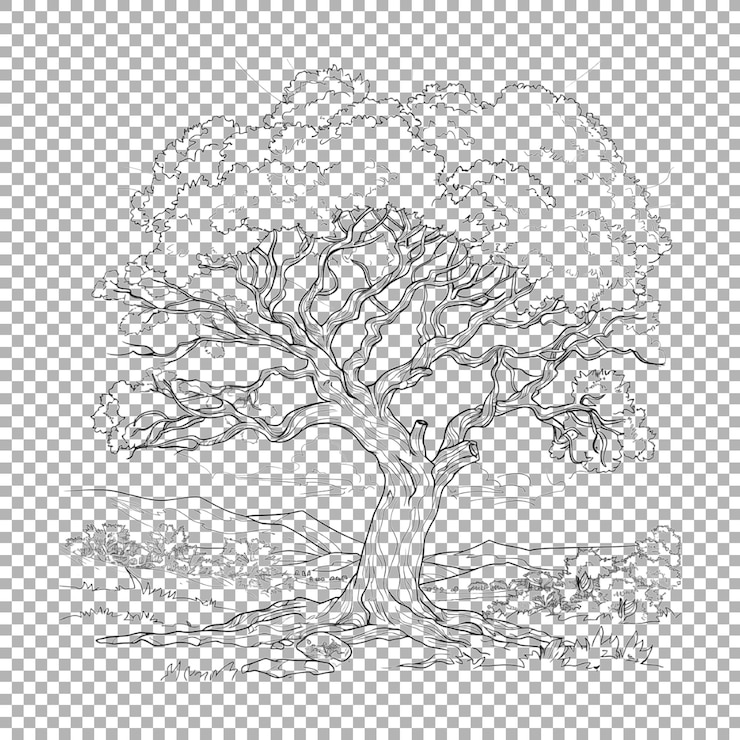 PSD tree sketch art on transparent background ai generated