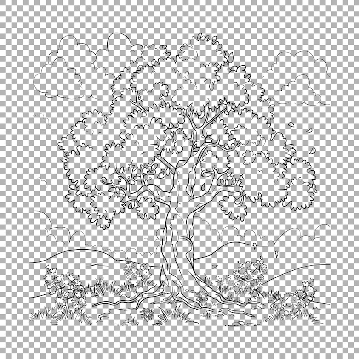 PSD tree sketch art on transparent background ai generated