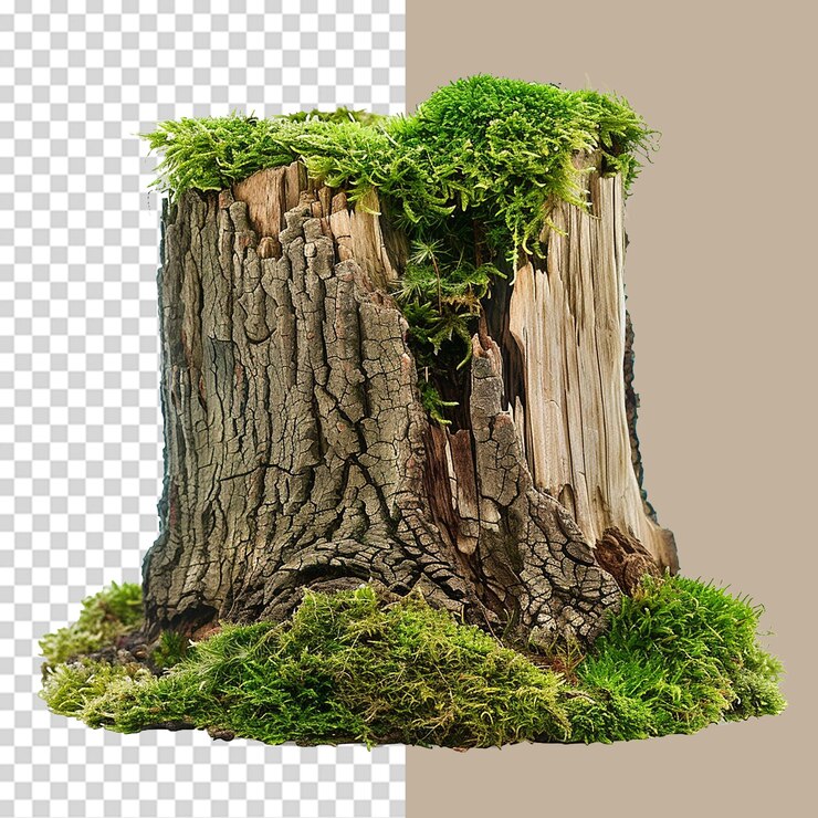 PSD tree stump with moss png isolated on transparent background