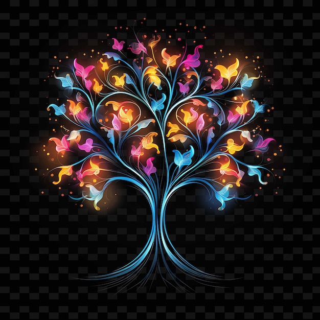 PSD tree vibrant rainbow curved neon lines butterflies wavy neon png y2k shapes transparent light arts