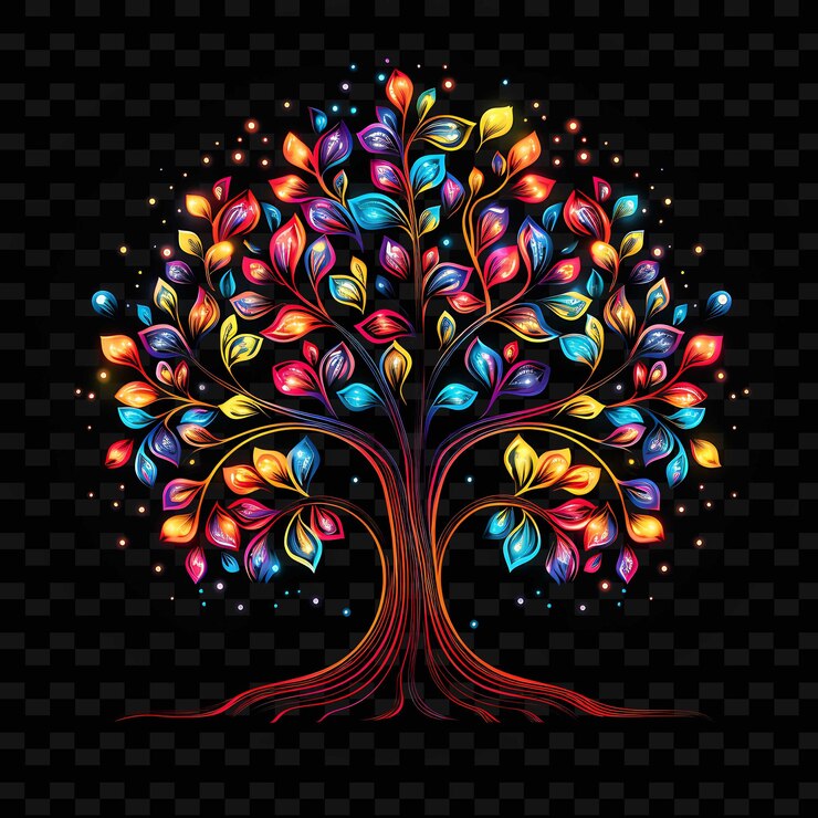 PSD tree vibrant rainbow curved neon lines butterflies wavy neon png y2k shapes transparent light arts