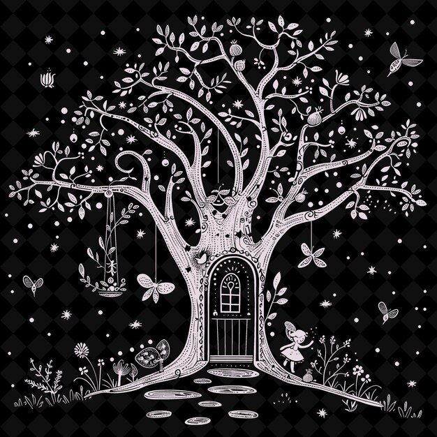 A tree with butterflies and a black and white background