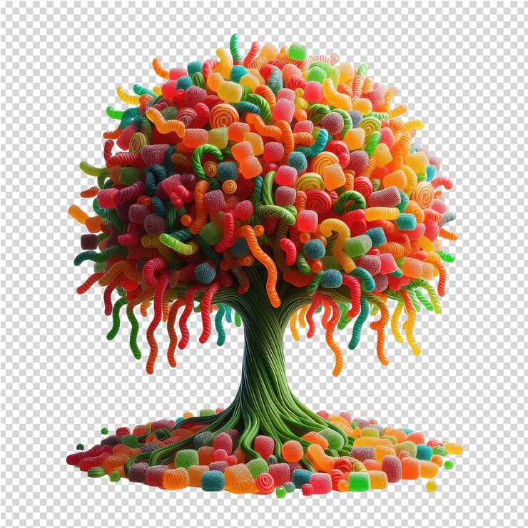 PSD a tree with candy and a tree with a background of the words candy