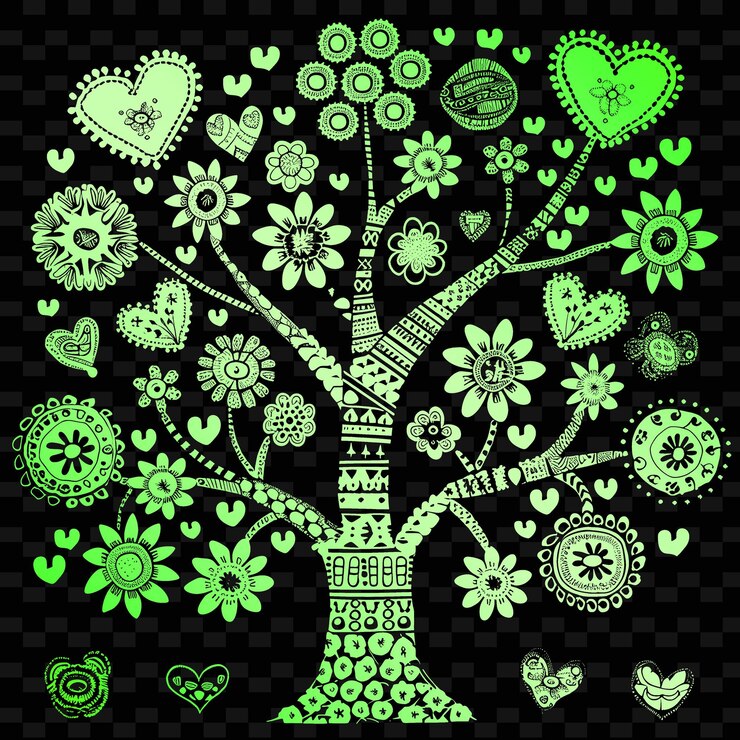 PSD a tree with green and yellow hearts and the words quot love quot on it