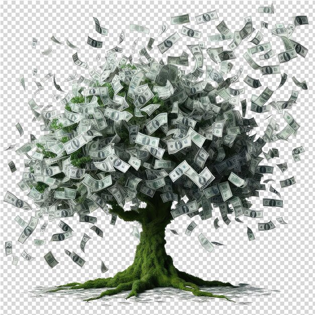 A tree with many bills on it and the word money on it