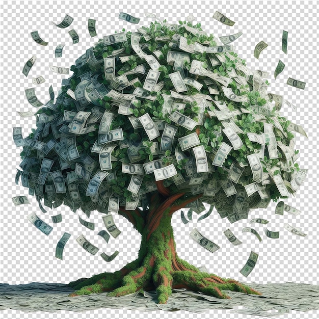 PSD a tree with money falling out of it and the tree is covered in money