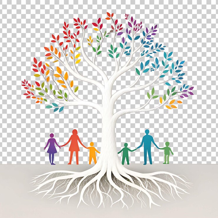 PSD a tree with people standing under it with the word family on it