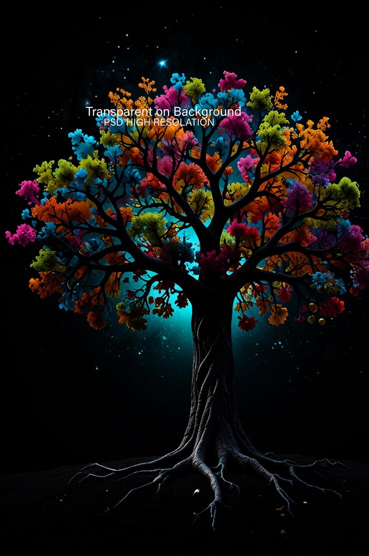 PSD tree with rainbow color leaves on branches art and creativity of nature on transparent background
