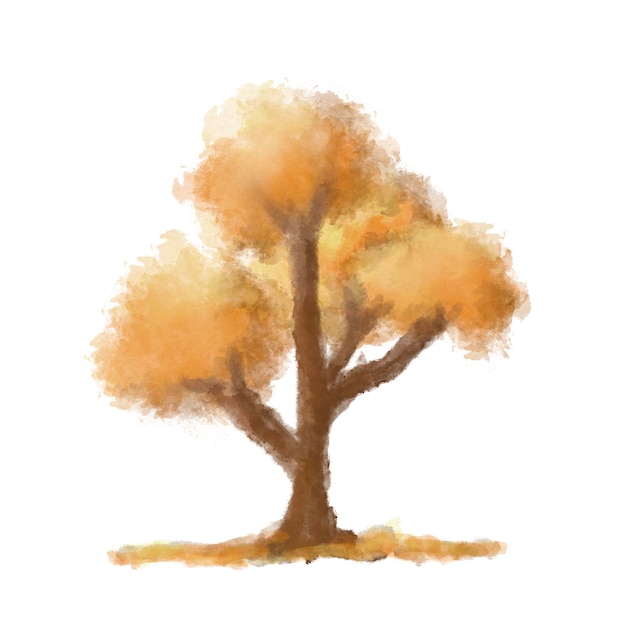 A tree with a yellow leaf that is painted on a white background