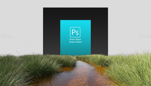 PSD trees and grass growing along the small stream clipping path