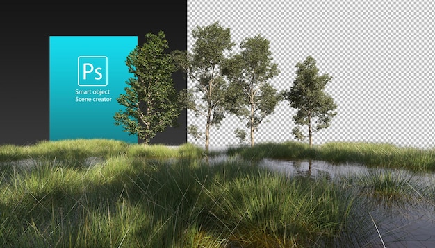 PSD trees and grass growing along the small stream clipping path