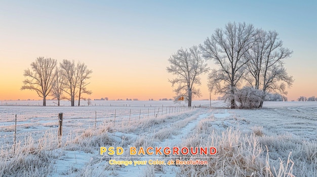 PSD gli alberi in un campo invernale all'alba gelida