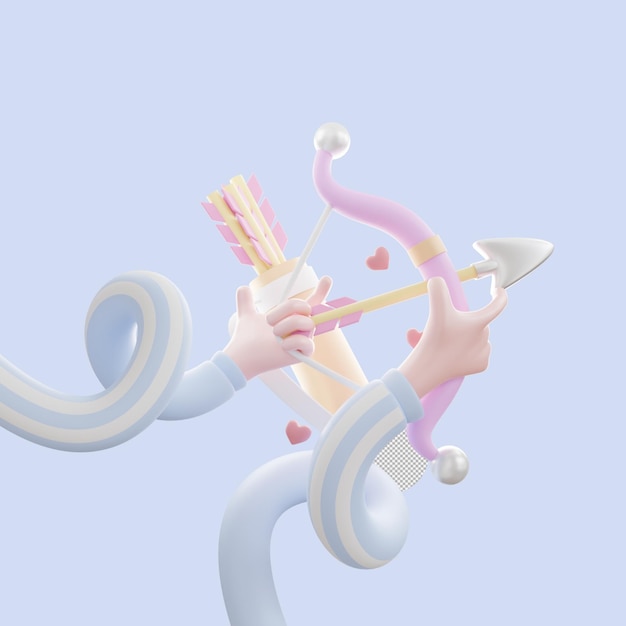 PSD Иллюстрация тренда со стильной рукой, держащей стрелу и лук. концепция 3d-рендеринга