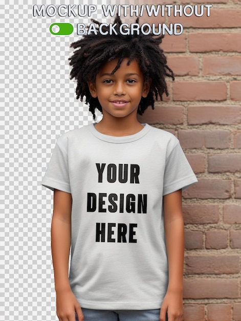 PSD trendy child model grey tshirt mockup isolated or brick wall background option