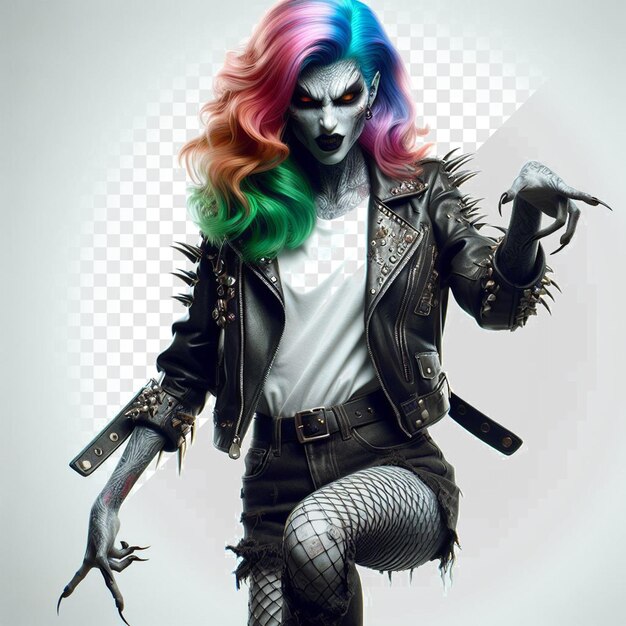 PSD ragazza punk rock colorata alla moda con un volto inquietante ritratto isolato sullo sfondo trasparente