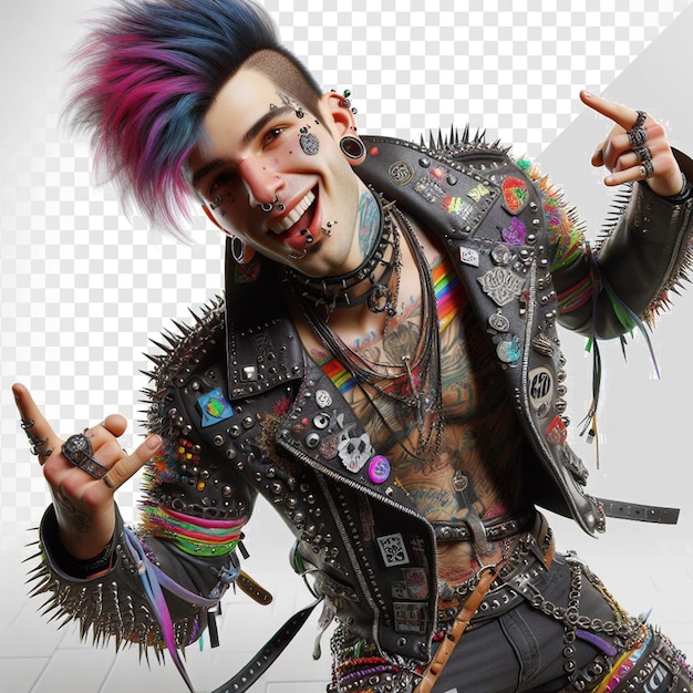 PSD trendy colorful punk rock guy with laughing face portrait isolated transparent background