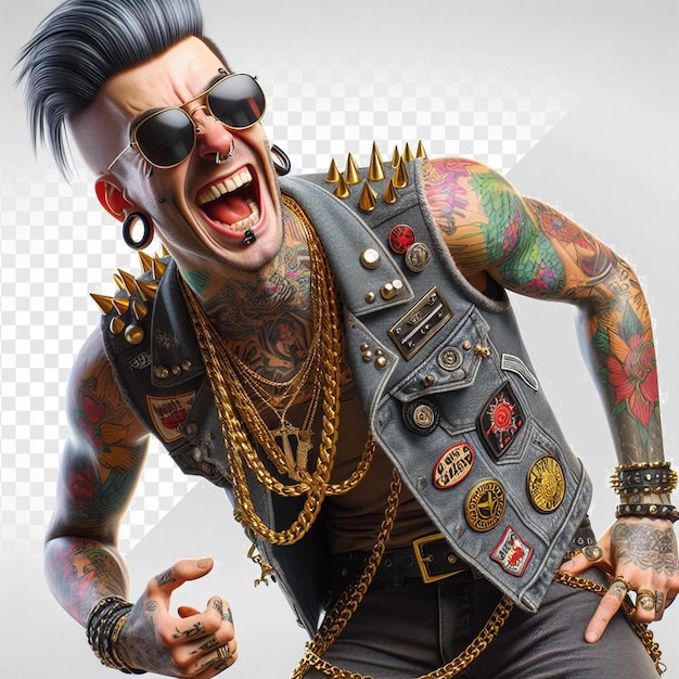 PSD trendy kleurrijke punk rock man met lachend gezicht portret geïsoleerd transparante achtergrond