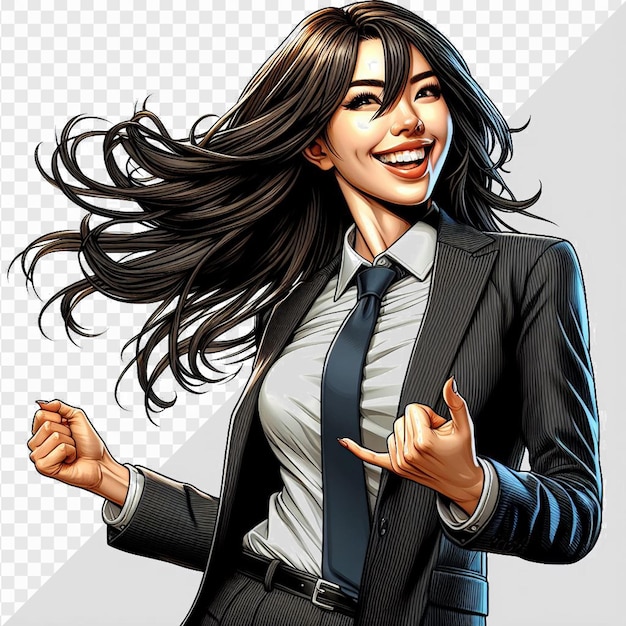 PSD trendy smiling stylish asian model with business outfit shaking isolated on transparent background