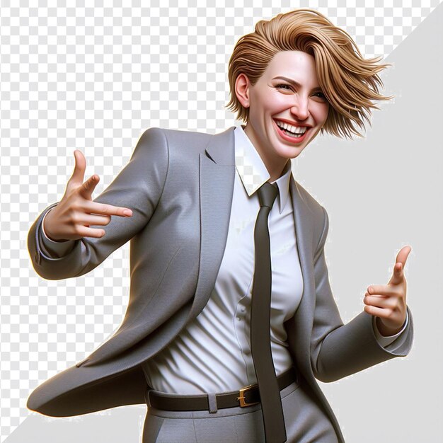 PSD trendy smiling stylish model with business outfit shaking isolated on transparent background