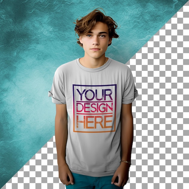 PSD trendy young teen boy posing in a white tshirt mockup