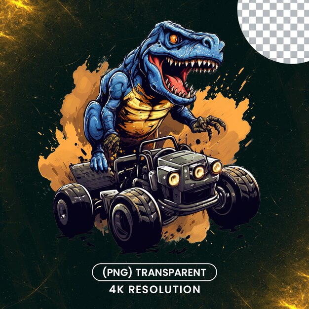 PSD trex riding monster truck on a transparent background