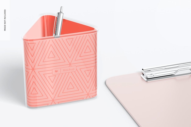 PSD triangle pen holder with clipboard mockup