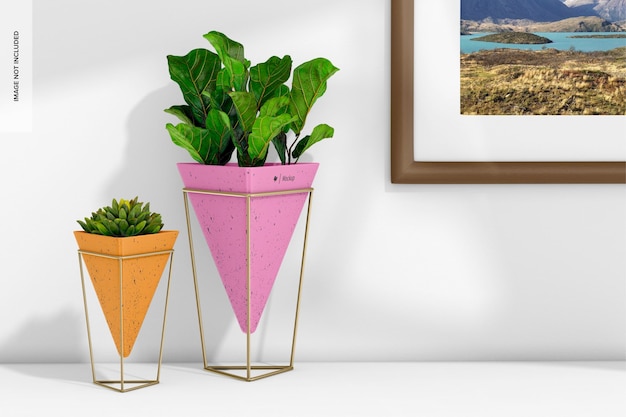 PSD triangular plant pot set mockup, perspective