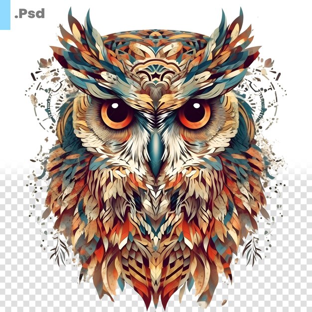 PSD tribal owl head hand drawn animal portrait vector illustration psd template