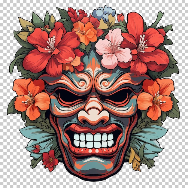 PSD maschera tribale in legno maschera tiki decorazione hawaiana e polinesiana decorazione di maschera in legno spaventosa con fiore