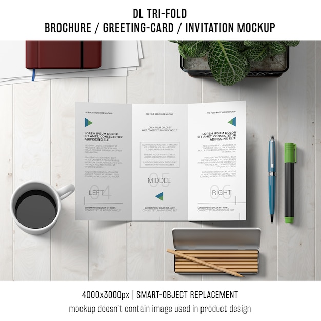 trifold brochure or invitation mockup with still life concept