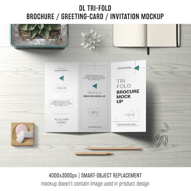 trifold brochure or invitation mockup with still life concept