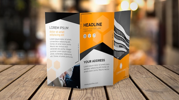 trifold brochure mockup on tabletop