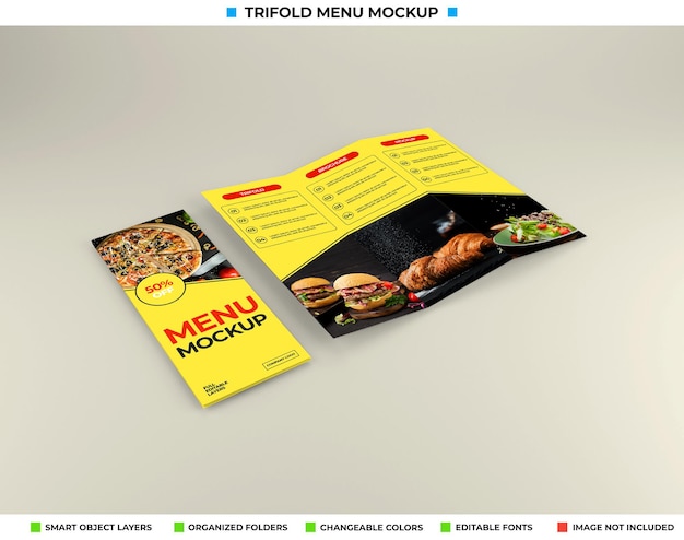 PSD trifold brochure mockup with restaurant concept