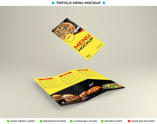 Trifold brochure mockup with restaurant concept