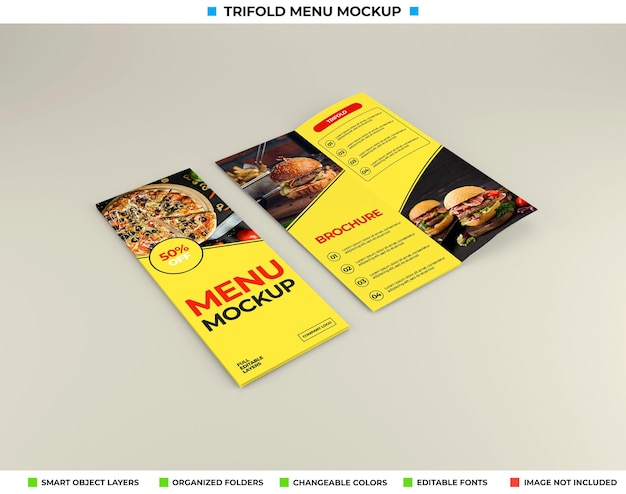 PSD trifold brochure mockup with restaurant concept