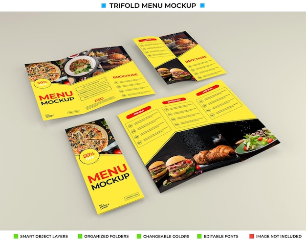 PSD trifold brochure mockup with restaurant concept